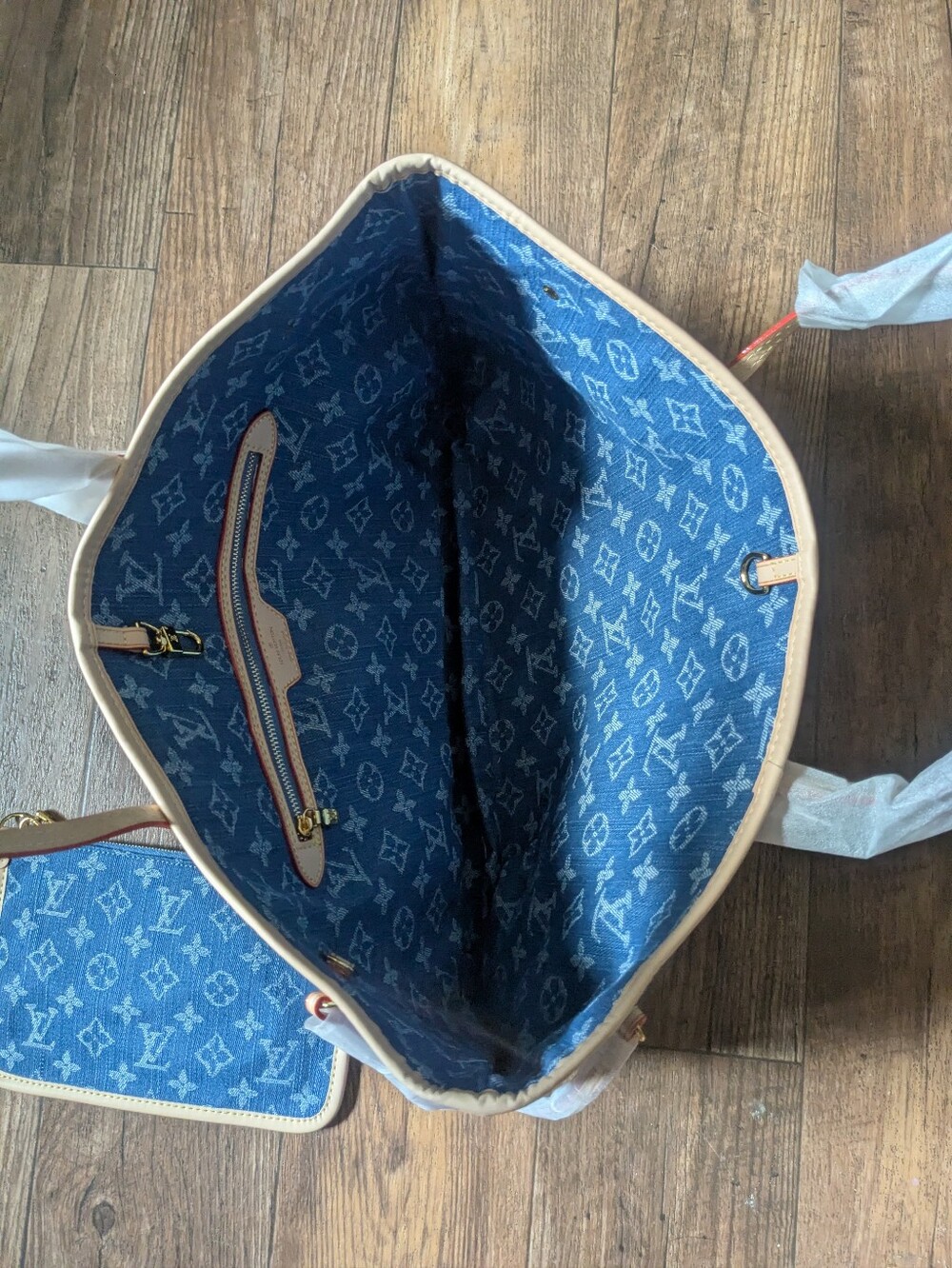 Blue Monogram Denim Jean Tote Bag Purse with Matching Wristlet Pouch 3 Piece Set - Picture 3 of 16